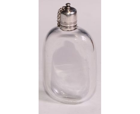 A Victorian silver mounted ovoid hip flask, the screw-fitting cover with loose-link guard chain, 14cm long, Thomas Johnson II