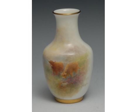 A Royal Worcester  ovoid vase, painted by Harry Stinton, signed, with Highland Cattle in a mossy landscape, 11.5cm high, prin