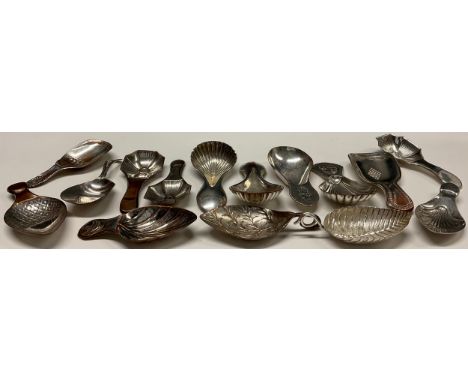 A pair of George III Old Sheffield Plate caddy spoons, shell bowls, 8cm long, c.1785; others, various designs, leaf, acorn, e