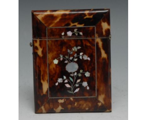 A 19th century tortoiseshell , and mother of pearl and abalone marquetry rectangular visiting card case, hinged cover, 11cm l