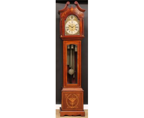 A Sheraton Revival satinwood crossbanded mahogany and marquetry longcase clock, 32cm arched brass dial with silvered chapter 