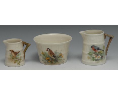 A Royal Worcester barrel shaped jug, painted by W. Powell, with a bullfinch, 8cm high, printed mark in green;  another, paint