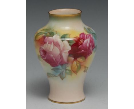 A Royal Worcester baluster vase,  painted by M Hunt, signed, with roses, 10cm high, printed mark in black, shape no. 2491 