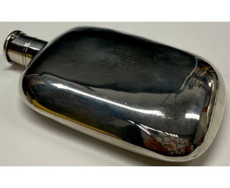 A large Victorian silver rounded rectangular hip flask, screw-fitting cover with aperture, 15.5cm long,  John Harris, London 