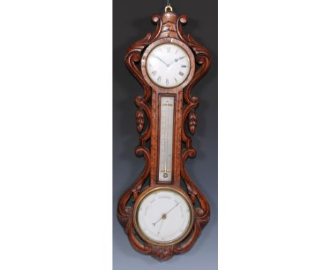 A Victorian oak combination wall timepiece, barometer and thermometer, 9cm clock dial inscribed with Roman numerals, the case