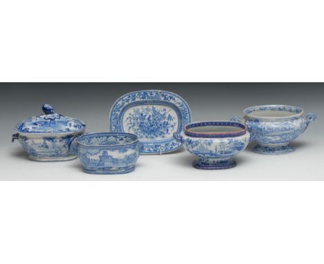 A Davenport two handled ovoid tureen and cover, printed in underglaze blue with British landscape, 20cm wide, impressed mark,