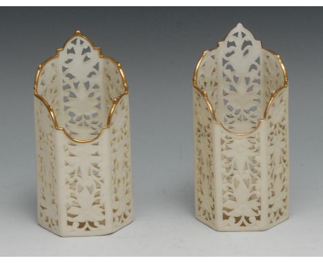 A pair of Graingers  &amp; Co Worcester reticulated hexagonal vases,  in the style of George Owen, gilt line borders,  marked