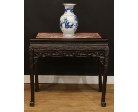 A Chinese hardwood altar table, of domestic proportions, rectangular top with inset marble panel above a shaped and pierced f