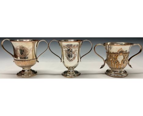 A George III Old Sheffield Plate half-fluted bell shaped loving cup, bright-cut engraved, scroll handles, domed foot, 13.5cm 