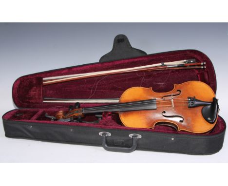 A violin, the two-piece back 35.5cm long excluding button, rosewood tuning pegs, outlined with purfling, 60cm long, 19th/earl