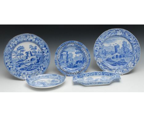 A Spode Lucano pattern circular plate, 25cm diam, impressed mark, c.1820;  others, Tower pattern, c.1820;  Italian pattern pl