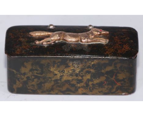 A 19th century papier mache rectangular snuff box, hinged cover applied with a gilt metal fox, ruby eye, 8cm wide 