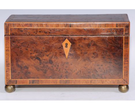 A George III rosewood crossbanded burr yew rectangular tea caddy, hinged cover enclosing a pair of lidded compartments, outli