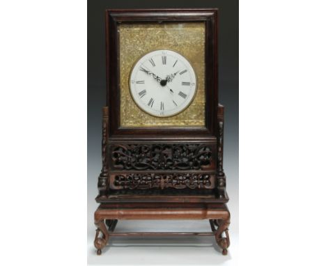 A Chinese hardwood bracket clock, 20cm enamel dial inscribed with Roman and subsidiary Arabic numerals, on a gilt ground chas