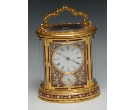 A late 19th century gilt brass and enamel oval alarm carriage timepiece, 5.5cm clock dial with Roman numerals, above an alaru