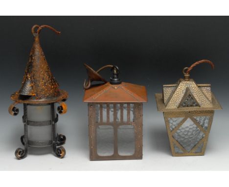 An Arts and Crafts cast iron witches hat hall lantern, 37cm high, c.1910;  another, square,  copper with  brass rivets, 23cm 