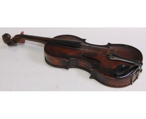 A violin, the two piece back 35cm long excluding button, 58cm long overall, 19th century 