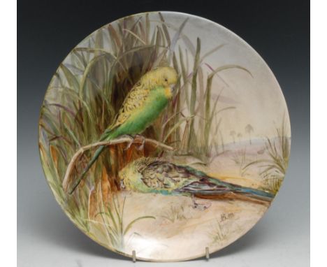The Howell &amp; James Art Pottery Exhibition - an Aesthetic Movement circular dish, painted with budgerigars, signed with mo