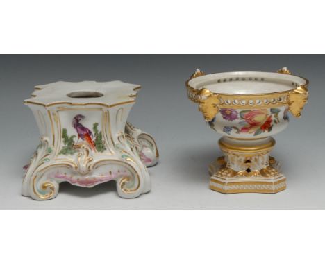 A Derby pot pourri vase, well painted with colourful summer flowers, the pierced rim with masks, leafy pierced four feet, qua