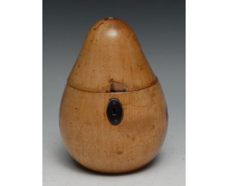 A George III fruitwood pear tea caddy, iron oval escutcheon, foiled interior, 16cm high, c.1790 