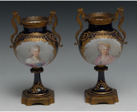 A pair of gilt metal mounted Continental porcelain vases, each painted in the manner of Sevres with a portrait of a lady of t