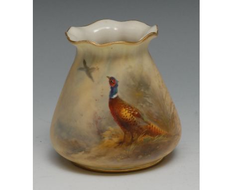 A Royal Worcester  vase , wavy rim, painted  by Jas. Stinton, signed, with a brace of pheasants, 8.5cm high, printed mark in 