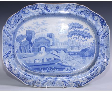 A Spode transfer printed shaped rectangular meat plate, in blue and white with the Castle pattern, 52cm wide, printed mark,c.