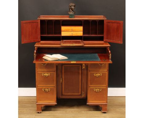 An Edwardian satinwood banded fiddleback mahogany kneehole secretaire bonheur du jour, rectangular superstructure with centra