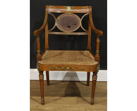 A Sheraton Revival painted open armchair, curved cresting rail painted with a ribbon-tied profile portrait and swags, cane ba