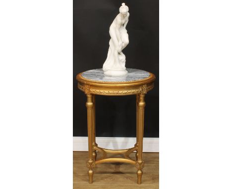 A Louis XVI Revival giltwood gueridon centre table, circular top with inset marble panel, fluted legs, incurve stretcher, 74c