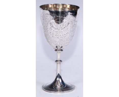Shooting - a Victorian silver pedestal goblet, hemi-ovoid bowl engraved with a sportsman taking a shot and inscribed Newcastl