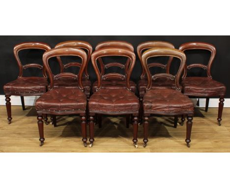 A set of eight William IV/early Victorian mahogany bar back dining chairs, each with a curved cresting rail, shaped mid-rail 