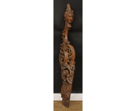 An 18th century Spanish chestnut architectural carving, formerly a country house staircase newel post, carved in the Late Bar