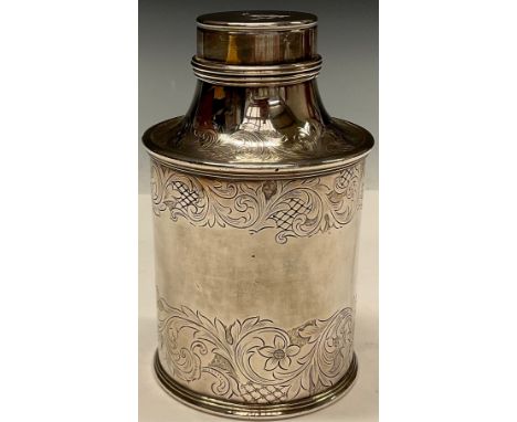A George III Old Sheffield Plate cylindrical tea caddy, flat-chased with leafy scrolls and trellis, push-fitting cover, crest