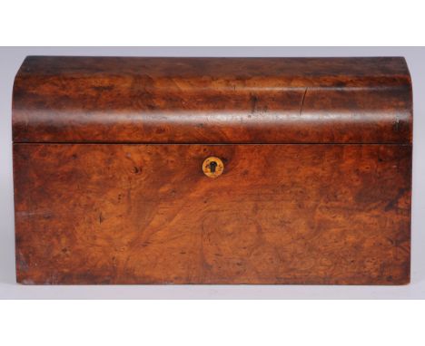 A Victorian walnut domed rectangular tea caddy, hinged cover enclosing two removable covered canisters and a circular bowl ap