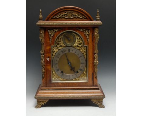 A Victorian gilt metal mounted oak bracket clock, 15cm arched brass dial with silvered chapter ring inscribed with Roman and 