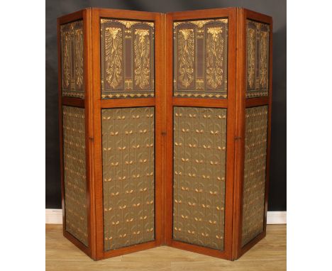 A late Victorian Aesthetic Movement oak four-fold screen, set with embossed parcel-gilt panels, 183cm high, each panel 58cm w