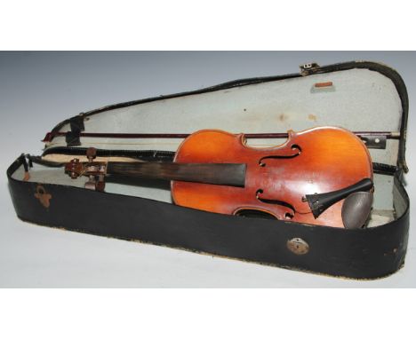 A violin, the two piece back 35.75cm long excluding button, paper label printed Dulcis et Fortis, rosewood tuning pegs, 59.5c