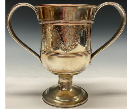 A large George III Old Sheffield Plate bell shapede loving cup, scroll handles, bright-cut engraved between two reeded bands,