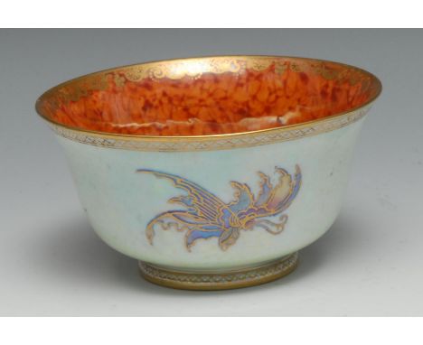 A Wedgwood Fairyland lustre flared circular bowl, the interior with butterfly on a mottled orange ground, the exterior with c