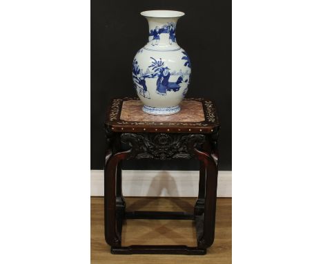 A Chinese hardwood and mother of pearl marquetry jardiniere stand, square top with reentrant angles and inset marble panel, t