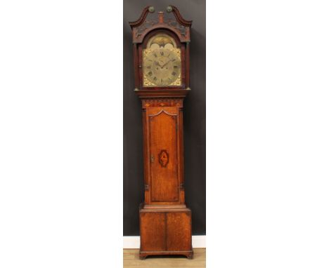 A 19th century oak, mahogany and marquetry longcase clock, 33.5cm arched brass dial inscribed Thos Fielders, London, Roman an