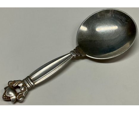 Georg Jensen - a Danish silver Acorn pattern caddy spoon, 10cm long 