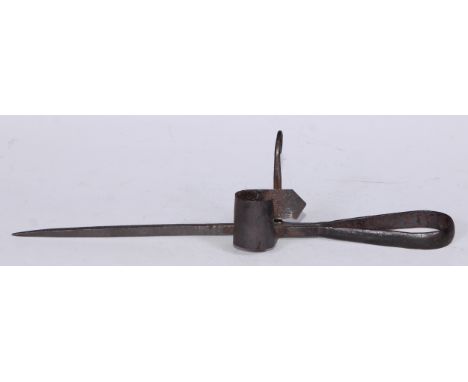 A 19th century wrought iron beam stick spike rush light and tallow stick, 26cm long 