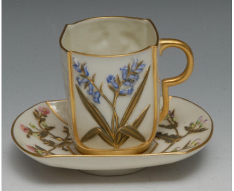 A Royal Worcester Japanese style moulded cup and saucer, in relief with primroses, bluebells and thistles,  crown and circle 