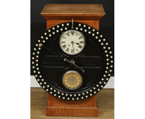An early 20th century oak 50 or 100 employee industrial dial recorder or clocking-in machine, The “Dey” Time Register, by How
