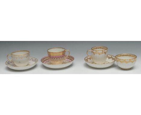 A Derby fluted teacup and saucer, pattern 188, the pink ground reserved with a deep band of gilt tears within a Vandyke borde