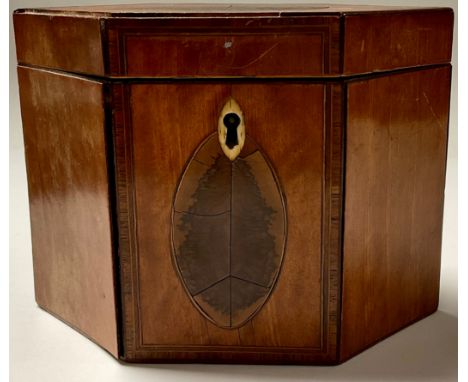 A George III satinwood and purple heart elongated hexagonal tea caddy, bone escutcheon, c.1790 