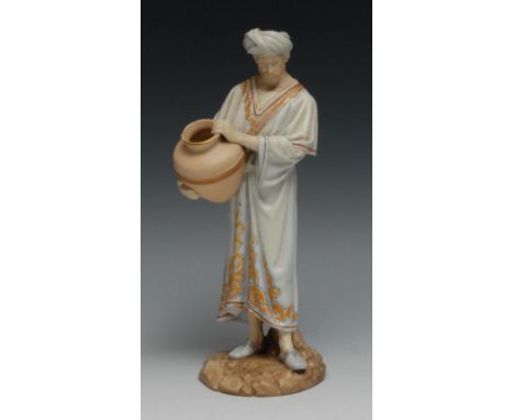 A Royal Worcester  figure,  of a Middle Eastern water carrier,  decorated in flesh tones, his robe in light blue, 22cm high, 