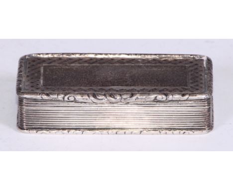 A Victorian silver rounded rectangular snuff box, hinged cover, reeded sides, foliage borders, hatched engine turned borders 